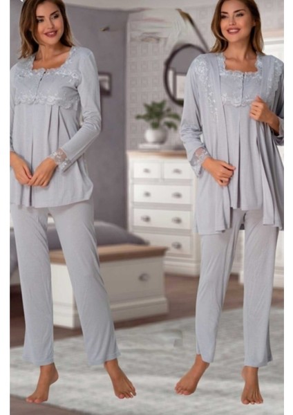 Kadın Gri Sabahlıklı Lohusa Pijama Takımı EFFORTT 2401