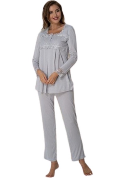 Kadın Gri Sabahlıklı Lohusa Pijama Takımı EFFORTT 2401