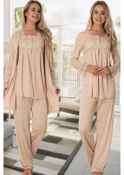 Kadın Bej Sabahlıklı Lohusa Pijama Takımı EFFORTT 2401
