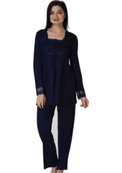 Kadın Lacivert Sabahlıklı Lohusa Pijama Takımı EFFORTT 2401