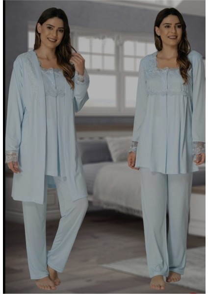 Kadın Mavi Sabahlıklı Lohusa Pijama Takımı EFFORTT 2401