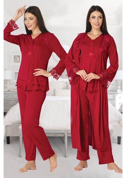 Kadın Vişne Lohusa Sabahlıklı Pijama Takımı EFFORTT 2424