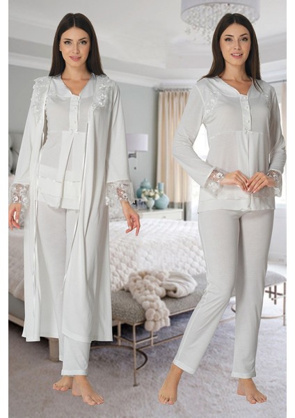 Kadın Ekru Lohusa Sabahlıklı Pijama Takımı EFFORTT 2424
