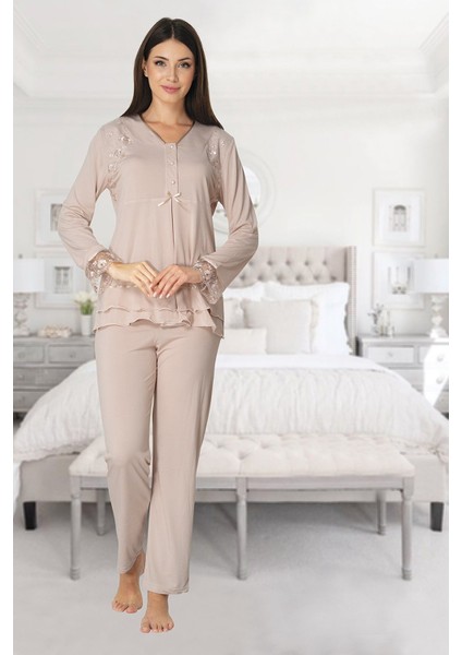 Kadın Bej Lohusa Sabahlıklı Pijama Takımı EFFORTT 2424 fiyatları