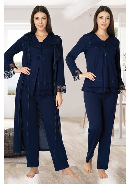 Kadın Lacivert Lohusa Sabahlıklı Pijama Takımı EFFORTT 2424