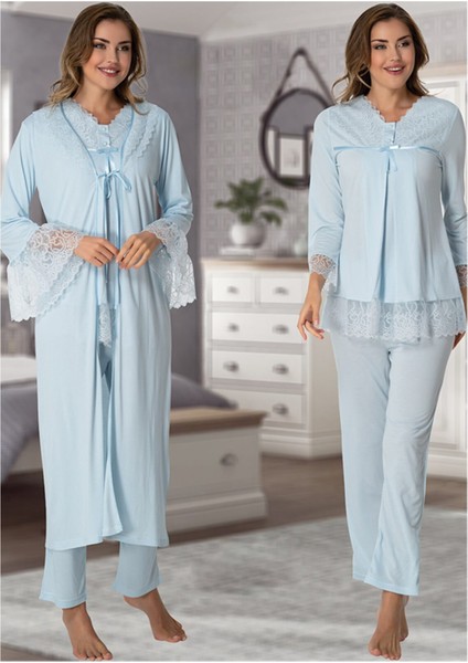 Kadın Lohusa Mavi Sabahlıklı Pijama Takımı EFFORTT 7044