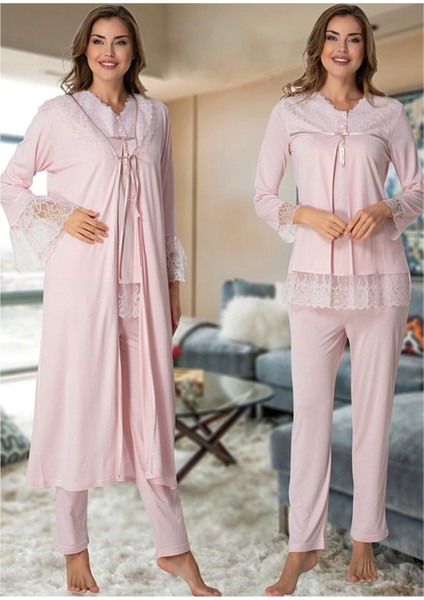 Kadın Lohusa Pudra Sabahlıklı Pijama Takımı EFFORTT 7044