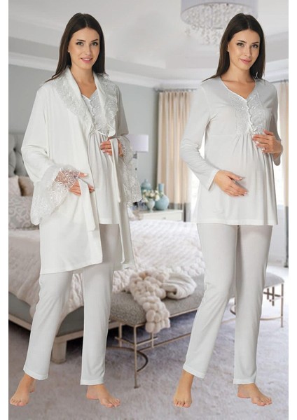 Kadın Lohusa Ekru Kadife Sabahlıklı Ekru Pijama Takımı EFFORTT 8088