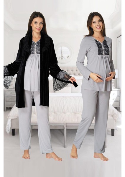 Kadın Lohusa Siyah Kadife Sabahlıklı Gri Pijama Takımı EFFORTT 8088