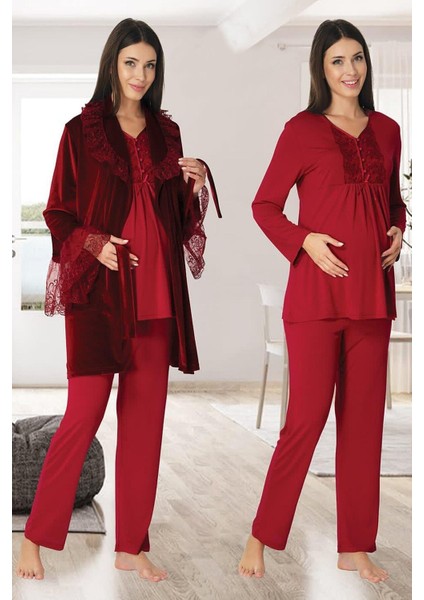 Kadın Lohusa Vişne Kadife Sabahlıklı Vişne Pijama Takımı EFFORTT 8088