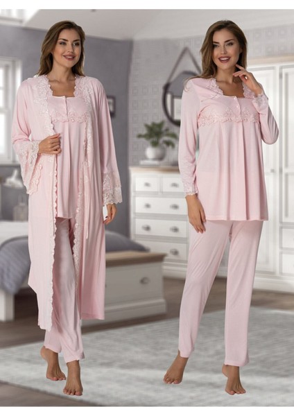 Kadın Pembe Lohusa Sabahlıklı Pijama Takımı EFFORTT 7014