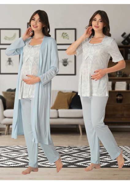 Kadın Mavi Lohusa Sabahlıklı Pijama Takımı EFFORTT 8014