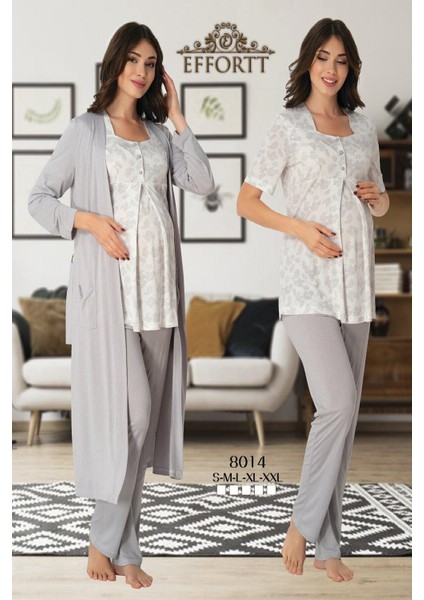 Kadın Gri Lohusa Sabahlıklı Pijama Takımı EFFORTT 8014