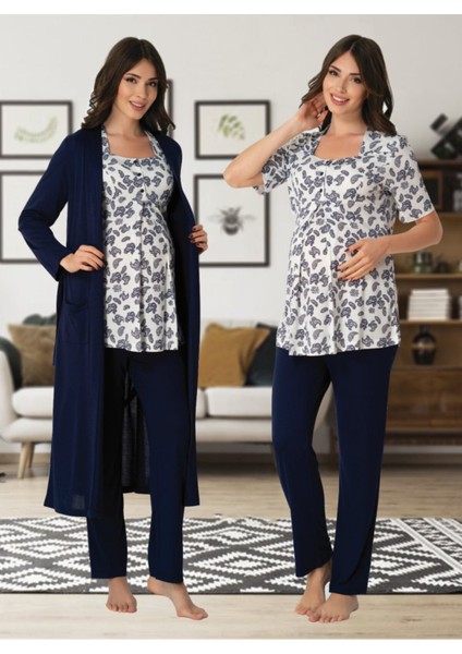 Kadın Lacivert Lohusa Sabahlıklı Pijama Takımı EFFORTT 8014