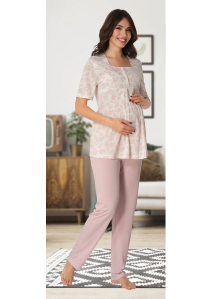 Kadın Pembe Lohusa Sabahlıklı Pijama Takımı EFFORTT 8014
