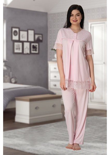 Kadın Pembe Lohusa Sabahlıklı Pijama Takımı EFFORTT 5044