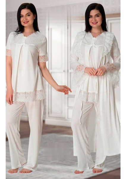 Kadın Ekru Lohusa Sabahlıklı Pijama Takımı EFFORTT 5044