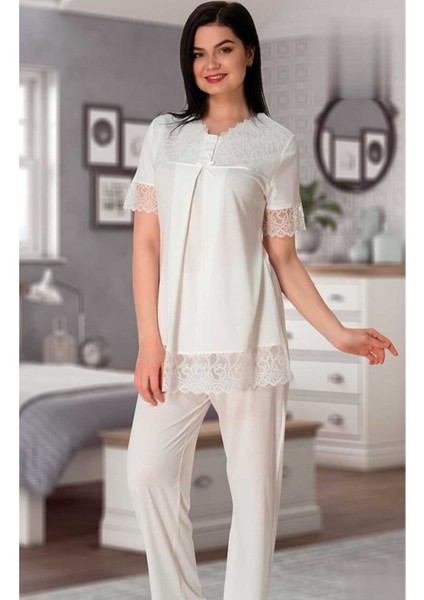 Kadın Ekru Lohusa Sabahlıklı Pijama Takımı EFFORTT 5044