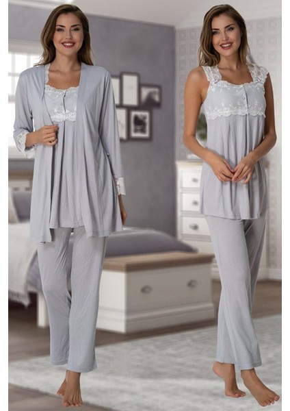 Kadın Gri Lohusa Sabahlıklı Pijama Takımı EFFORTT 2301