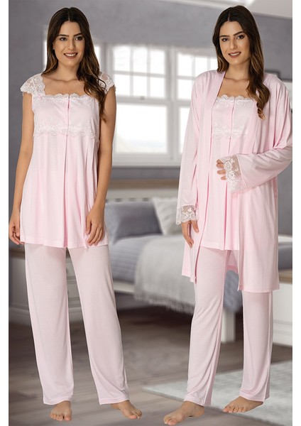 Kadın Pembe Lohusa Sabahlıklı Pijama Takımı EFFORTT 2301