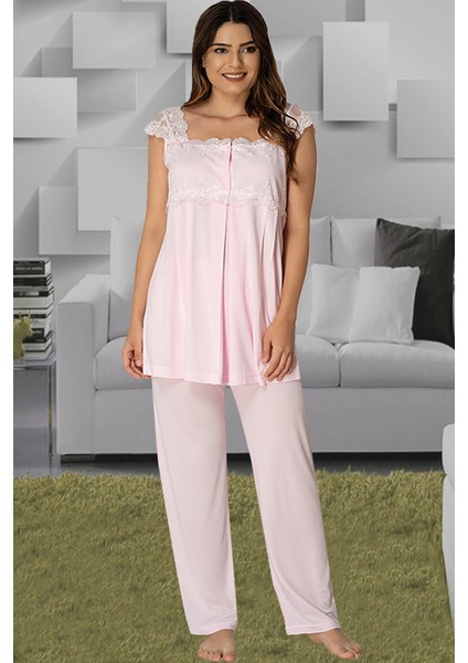 Kadın Pembe Lohusa Sabahlıklı Pijama Takımı EFFORTT 2301