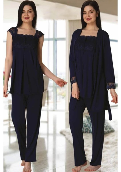Kadın Lacivert Lohusa Sabahlıklı Pijama Takımı EFFORTT 2301