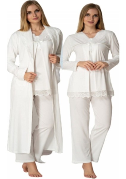 Kadın Ekru Lohusa Sabahlıklı Pijama Takımı EFFORTT 4034