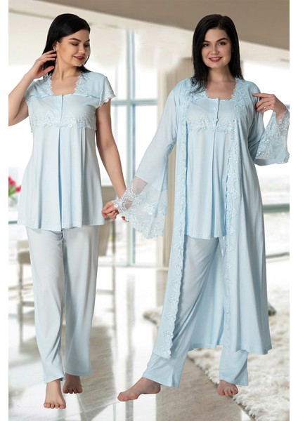 Kadın Mavi Lohusa Sabahlıklı Pijama Takımı EFFORTT 5011