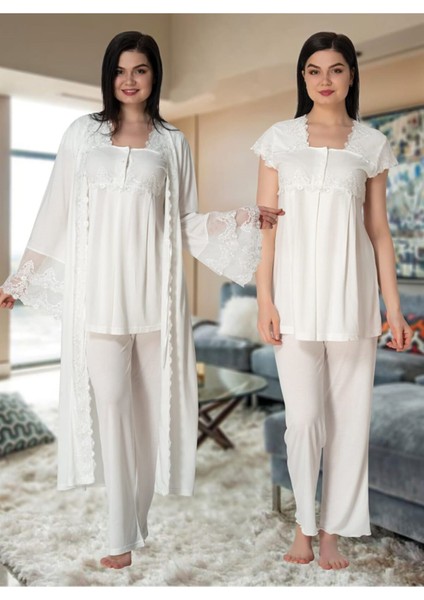 Kadın Ekru Lohusa Sabahlıklı Pijama Takımı EFFORTT 5011