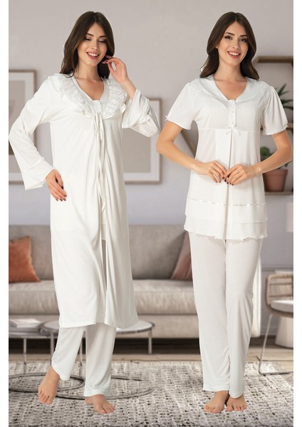 Kadın Ekru Lohusa Sabahlıklı Pijama Takımı EFFORTT 8024