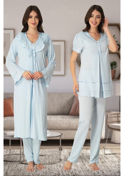 Kadın Mavi Lohusa Sabahlıklı Pijama Takımı EFFORTT 8024
