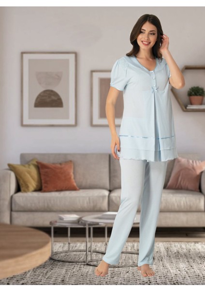 Kadın Mavi Lohusa Sabahlıklı Pijama Takımı EFFORTT 8024