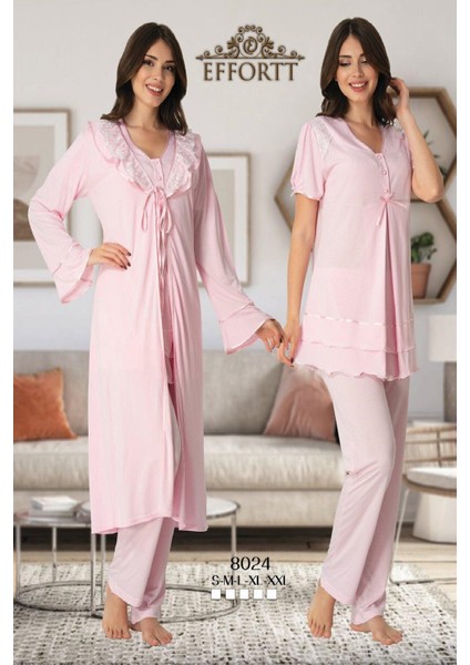 Kadın Pembe Lohusa Sabahlıklı Pijama Takımı EFFORTT 8024