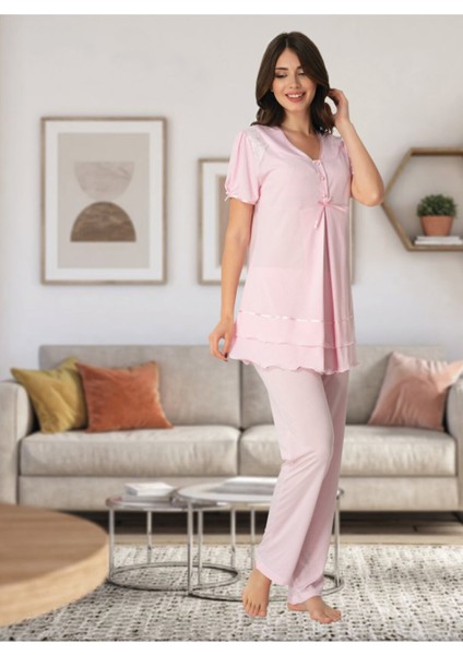 Kadın Pembe Lohusa Sabahlıklı Pijama Takımı EFFORTT 8024