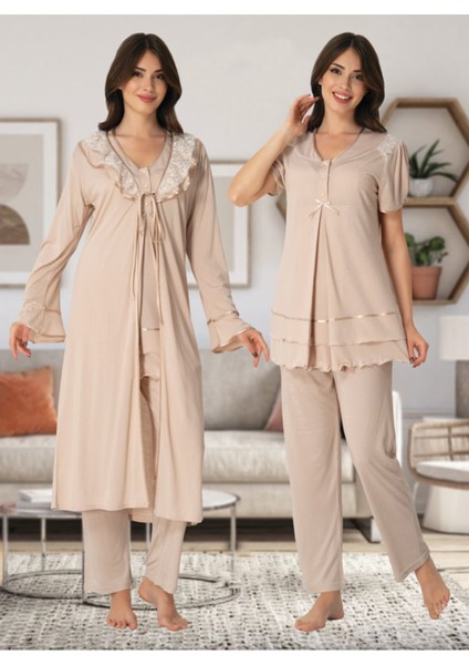 Kadın Bej Lohusa Sabahlıklı Pijama Takımı EFFORTT 8024