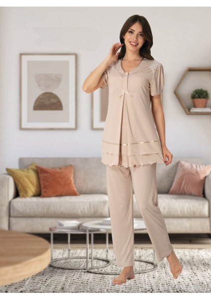 Kadın Bej Lohusa Sabahlıklı Pijama Takımı EFFORTT 8024