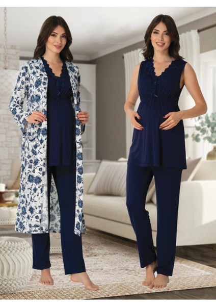 Kadın Lacivert Lohusa Sabahlıklı Pijama Takımı EFFORTT 8034