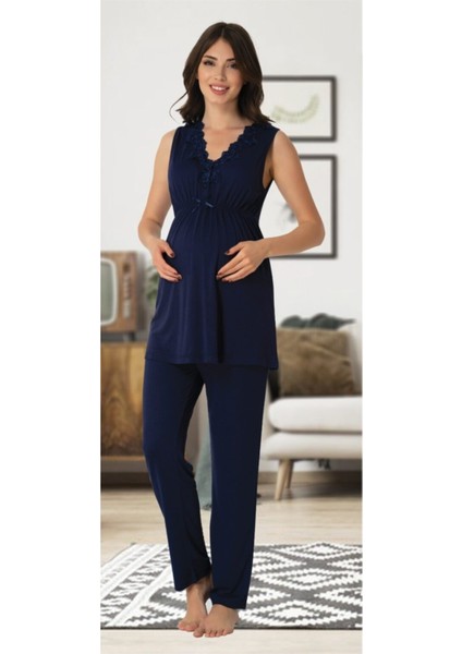 Kadın Lacivert Lohusa Sabahlıklı Pijama Takımı EFFORTT 8034