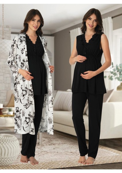 Kadın Siyah Lohusa Sabahlıklı Pijama Takımı EFFORTT 8034