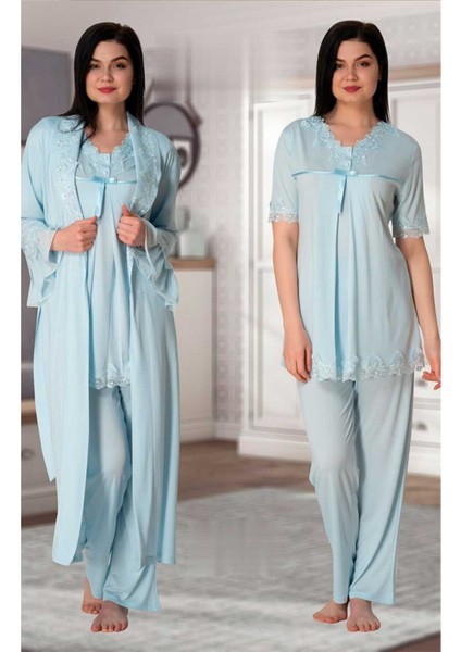 Kadın Mavi Sabahlıklı Pijama Takımı EFFORTT 5034