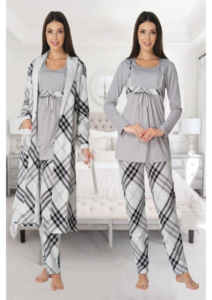 Kadın Gri Sabahlıklı Pijama Takımı EFFORTT 8084