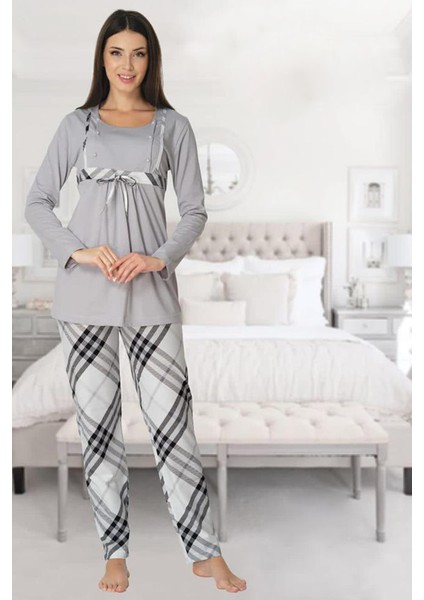 Kadın Gri Sabahlıklı Pijama Takımı EFFORTT 8084