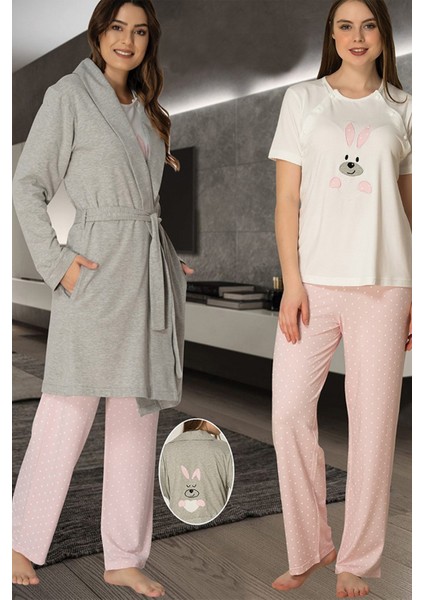 Kadın Pembe Tavşanlı Lohusa Sabahlıklı Pijama Takımı EFFORTT 2070