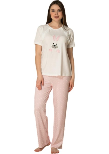 Kadın Pembe Tavşanlı Lohusa Sabahlıklı Pijama Takımı EFFORTT 2070