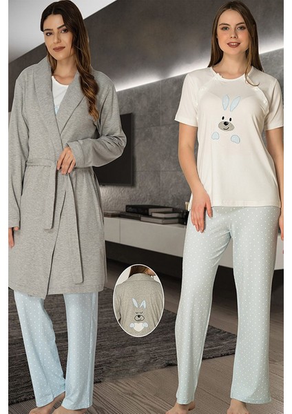 Kadın Mavi Tavşanlı Lohusa Sabahlıklı Pijama Takımı EFFORTT 2070