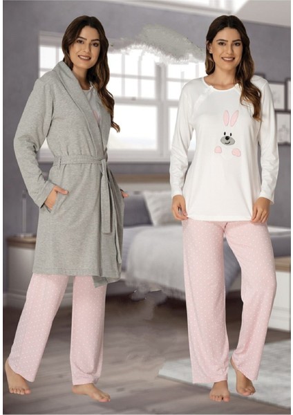 Kadın Pembe Tavşanlı Lohusa Sabahlıklı Pijama Takımı EFFORTT 3090