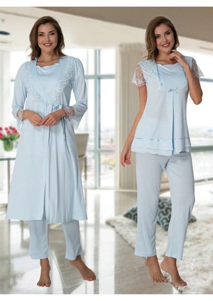 Kadın Mavi Lohusa Sabahlıklı Pijama Takımı EFFORTT 2054