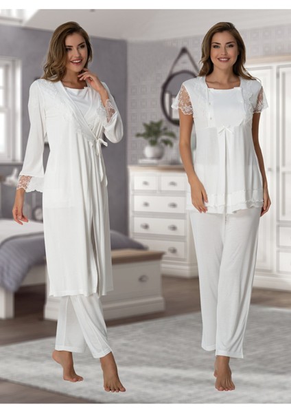 Kadın Ekru Lohusa Sabahlıklı Pijama Takımı EFFORTT 2054