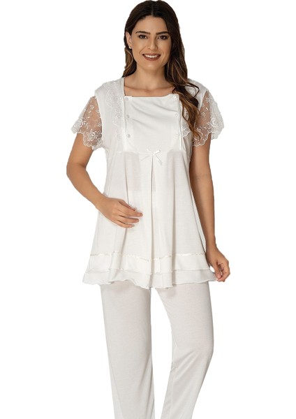 Kadın Ekru Lohusa Sabahlıklı Pijama Takımı EFFORTT 2054