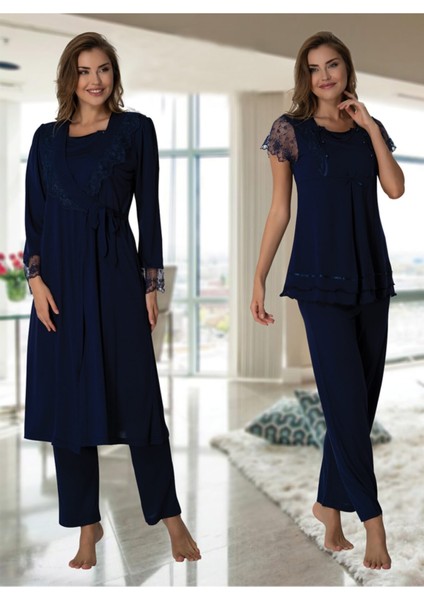 Kadın Lacivert Lohusa Sabahlıklı Pijama Takımı EFFORTT 2054